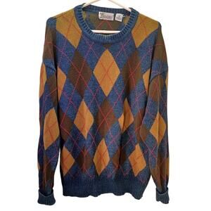 VTG Twickers by Kenneth Gordon Argyle Sweater Size Medium Blue Mustard Brown 90s